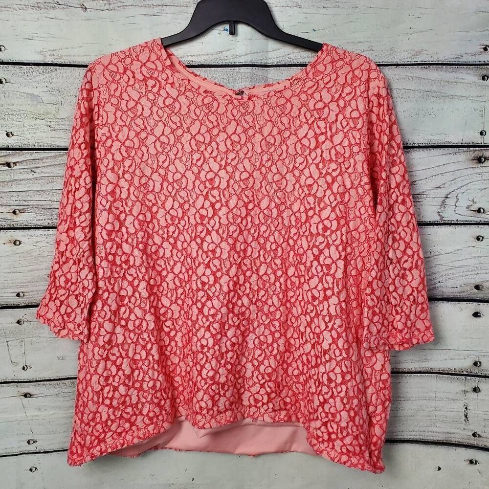 CJ Banks 3x Pink Lace Floral Blouse Keyhole Back